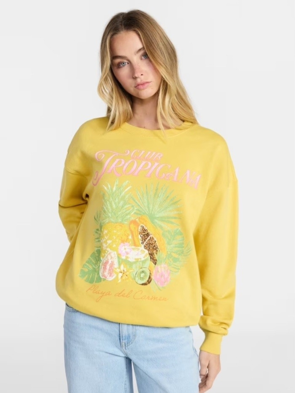 No Boundaries Yellow Tropical Graphic Crewneck Sweatshirt